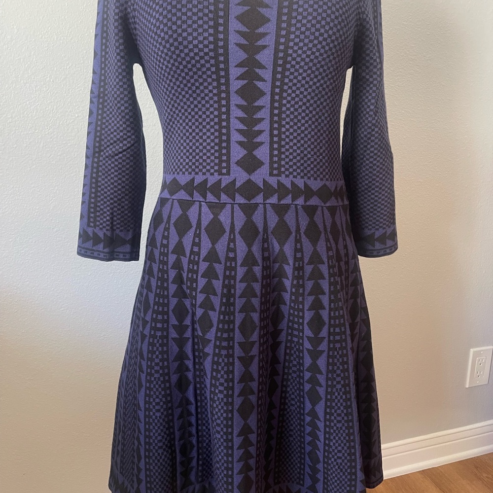 Nina Leonard Purple and Black Geometric Fit & Flare Dress